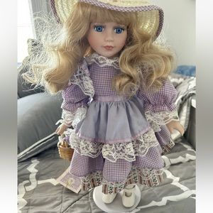 Collectible Memories Porcelain Doll JUNE Blonde Blue Gingham Lace w/Flowers bag